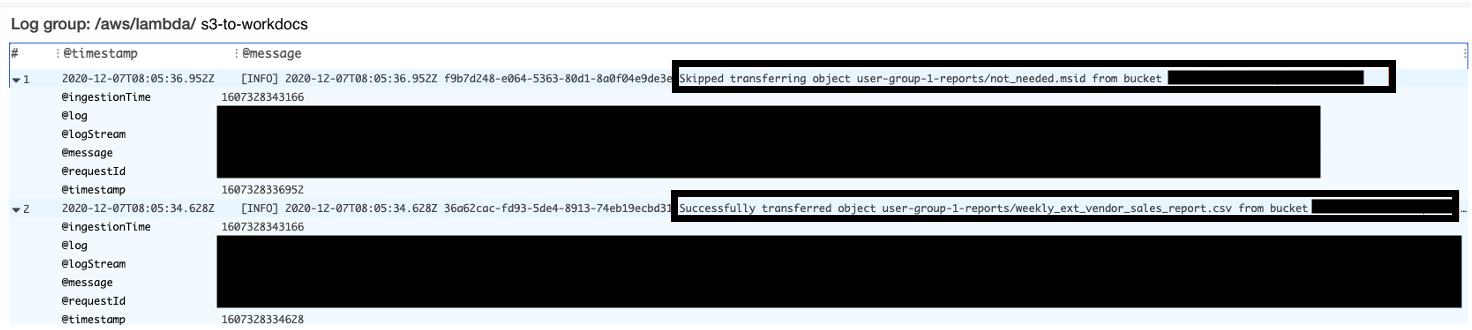 The Lambda function also publishes logs and metrics to Amazon CloudWatch, which can monitor the sync activity between Amazon S3 and Amazon WorkDocs.