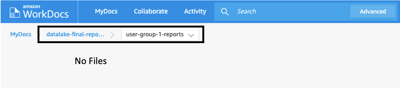 Verify that the Amazon WorkDocs subfolder 'user-group-1-reports' is empty.