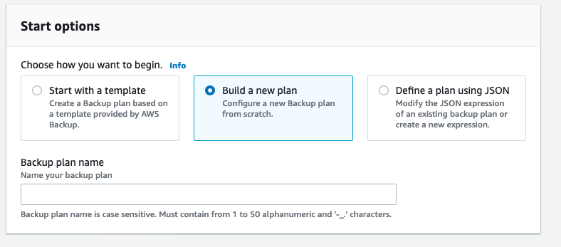 Start options when building a new backup plan
