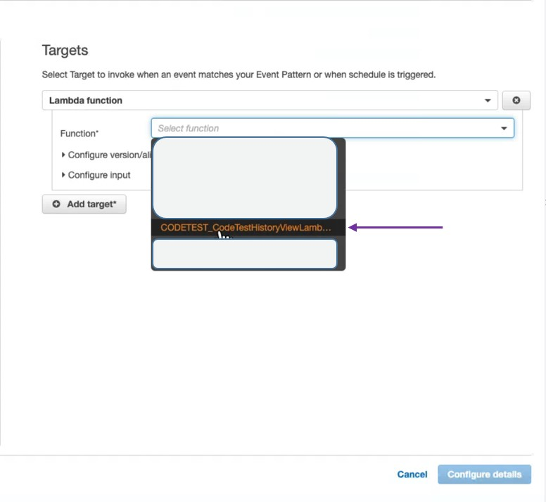CloudWatch rule targets - in this example, CODETEST Lambda is selected.