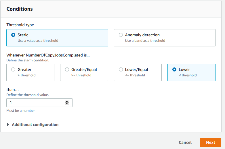 Setting the condition for the trigger of the alarm