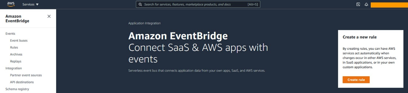To send events to Amazon EventBridge go to the Amazon EventBridge console and select the Create rule button.