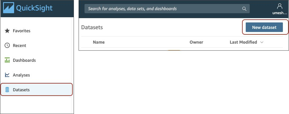 Creating a new dataset in QuickSight