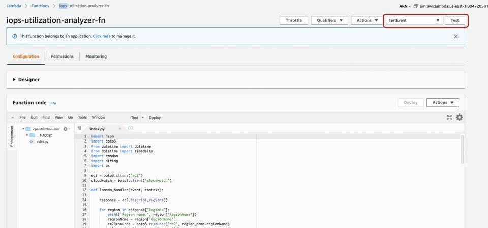 Once deployed, navigate to AWS Lambda using the console, create a test script (empty JSON), and click Test.