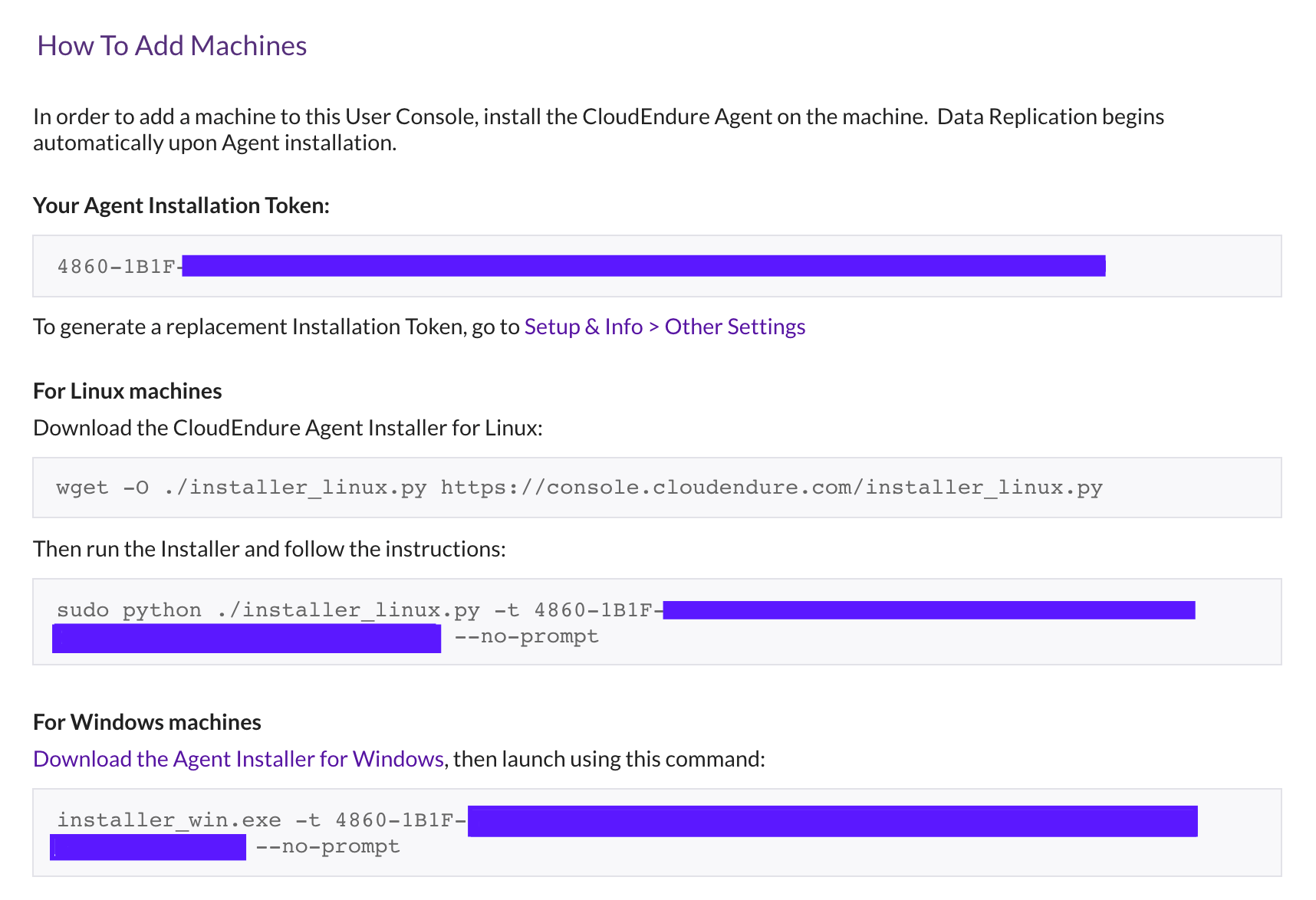 A dialog box showing the instructions for downloading and installing the CloudEndure agent for Linux and Windows machines