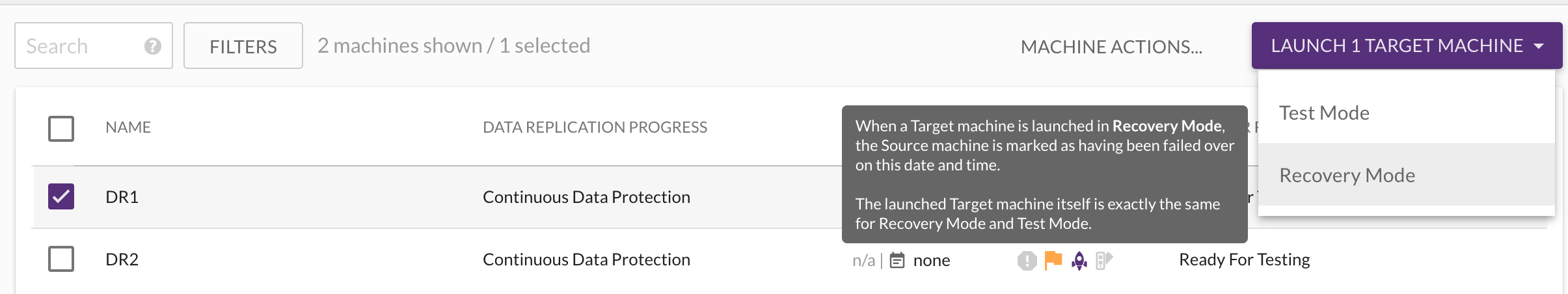 After the blueprint is saved for each target machine, you can initiate recovery by selecting each instance you want to recover and then choosing Recovery Mode