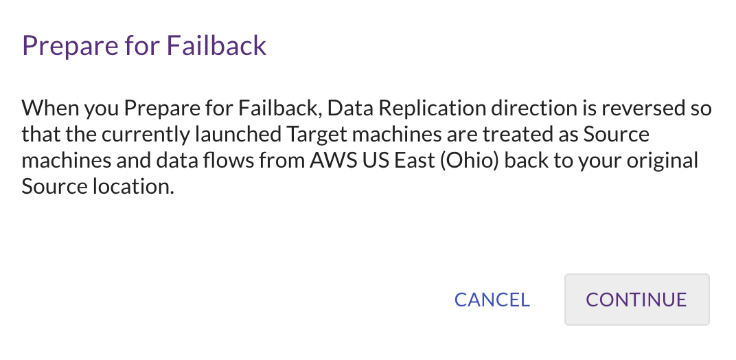 Prepare for failback dialog box appears, confirming that you have reversed data replication, and the newly launched target machines act as source machines