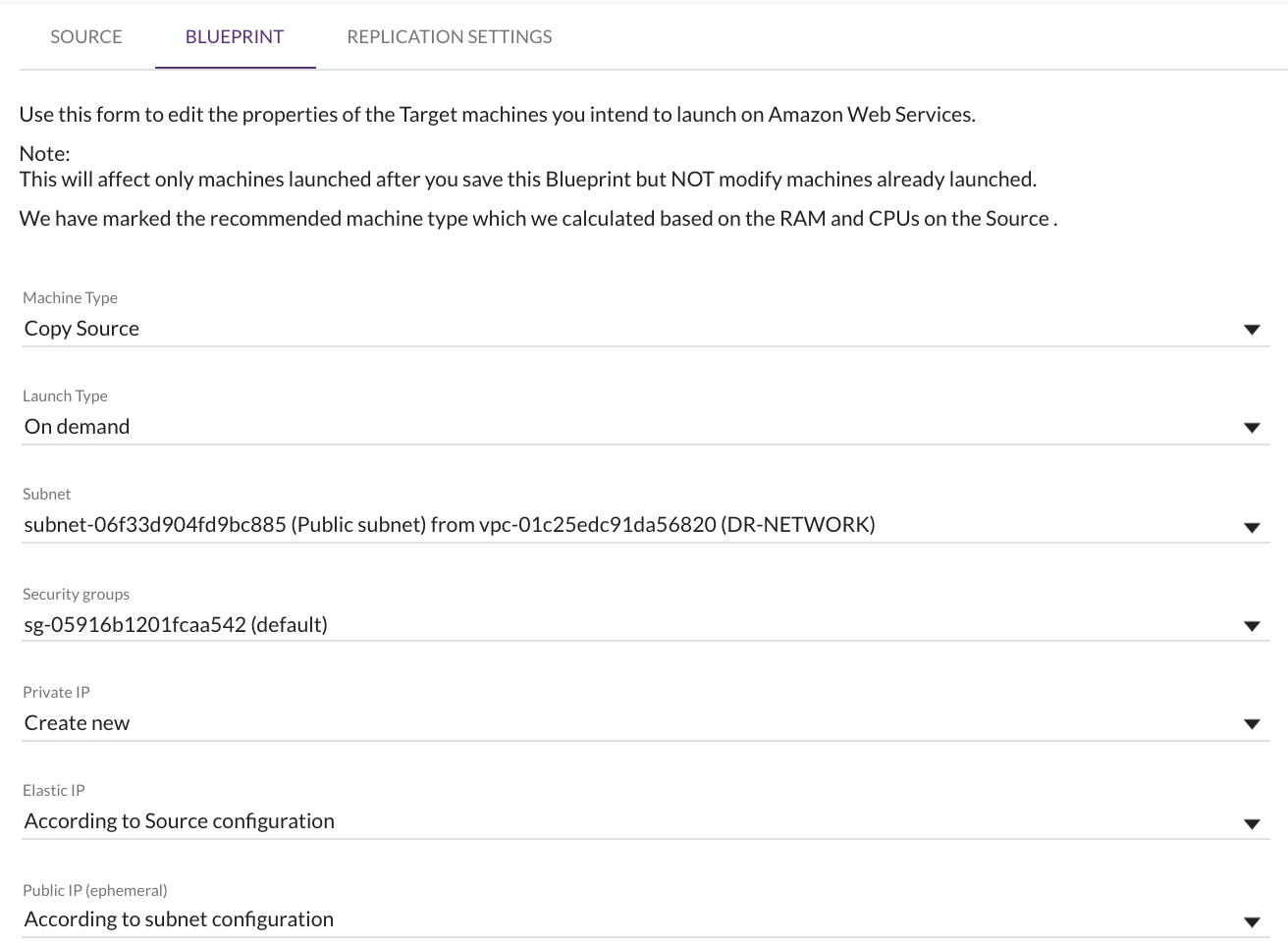 Start performing a disaster recovery failover by configuring the Blueprint tab of each target machine