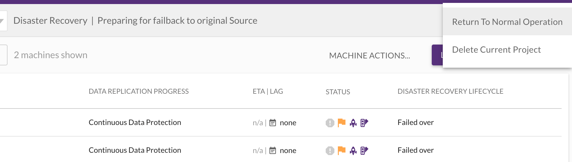 The last step once failback has completed is to choose Return to Normal Operation under Project Actions.