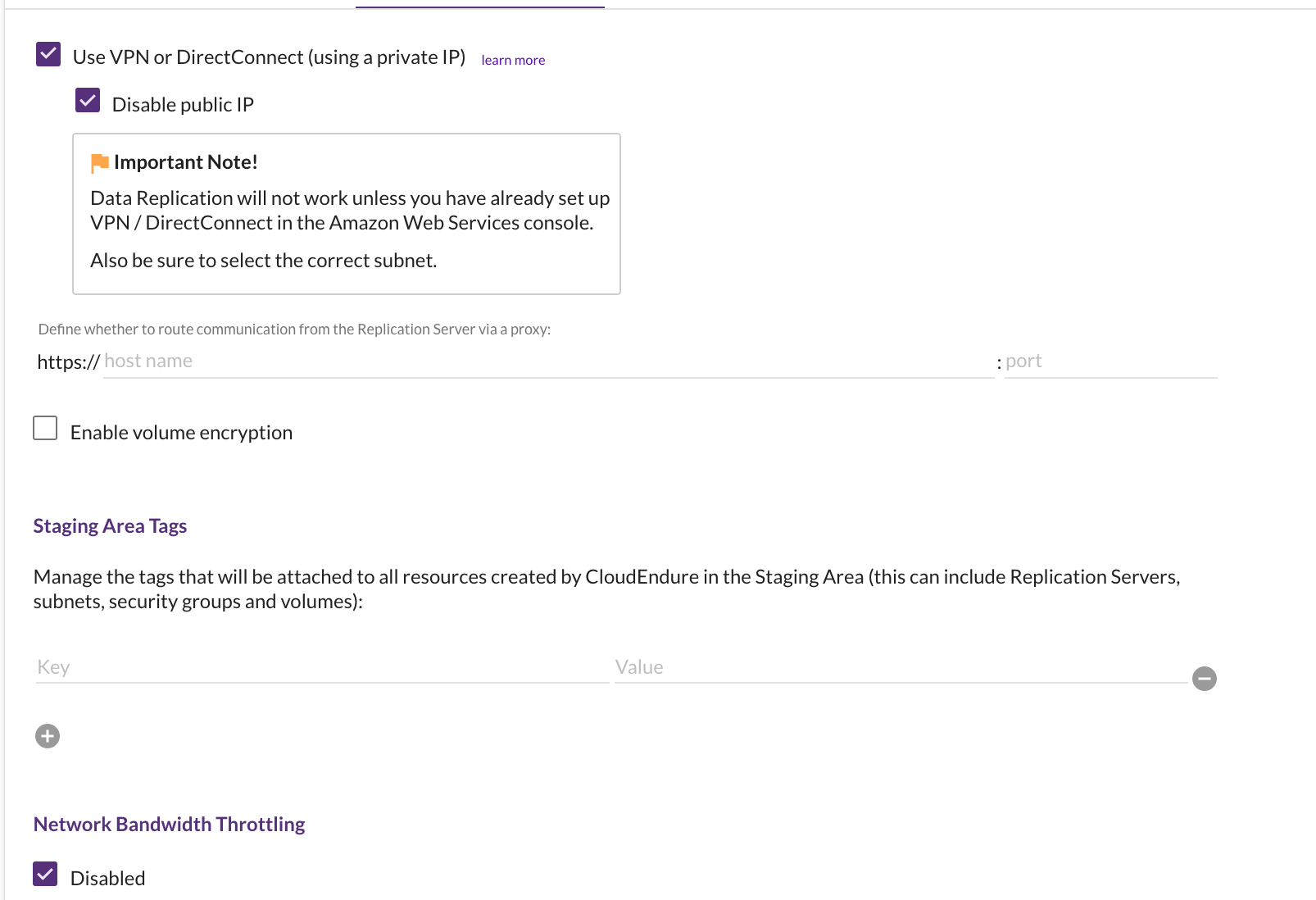You can select whether to use a public or private network for sending the replicated data from the source instances to the staging area