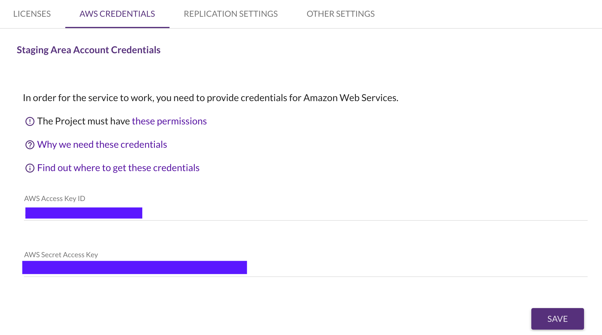 You can set up the new project in the Setup & Info tab, beginning with entering the credentials for the CloudEndure Disaster Recovery IAM user