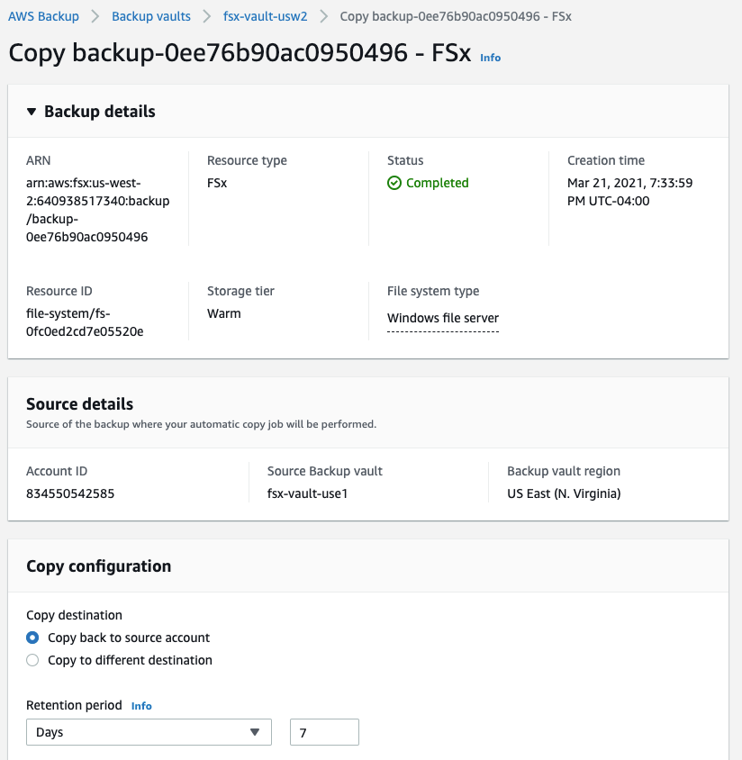 Backup details with Copy configuration section