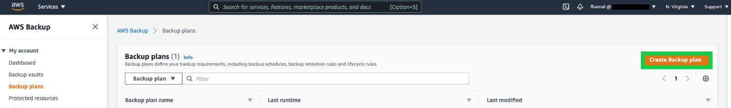 In the AWS Backup console, select Backup plans, and select Create Backup plan.