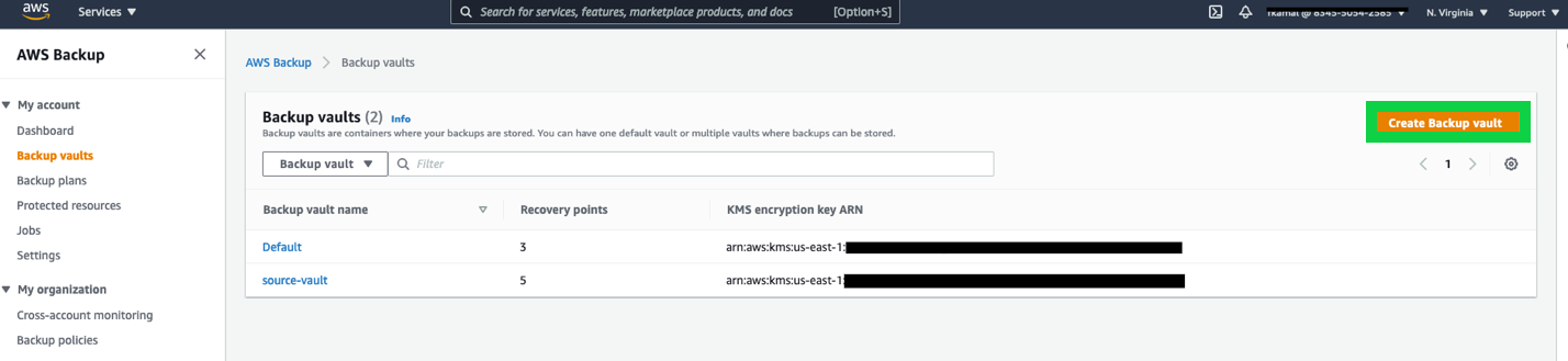 In the AWS Backup console, select Backup vaults, and then click Create Backup vault (2).