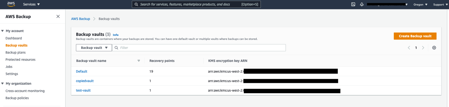 In the AWS Backup console, select Backup vaults, and then click Create Backup vault.