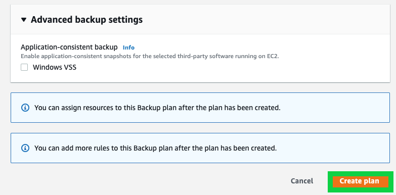 In the Advanced backup settings, select the default option. Select Create plan