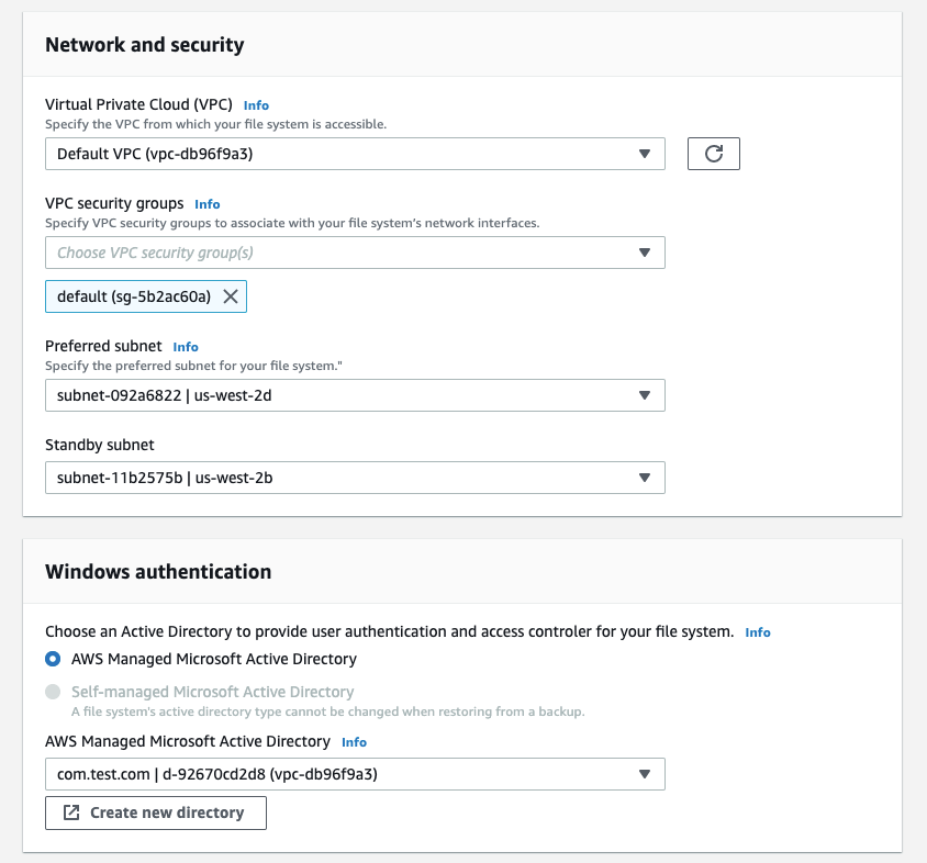 In the Network and security section, provide the Virtual Private Cloud (VPC), VPC security groups, Preferred subnet, and the Standby subnet.