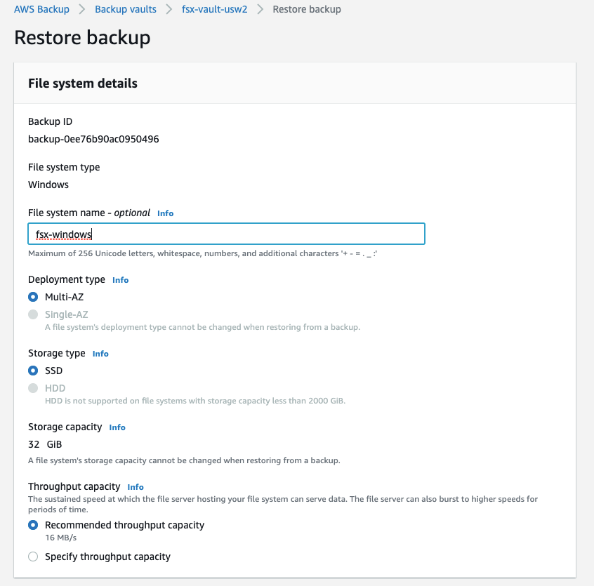 In the file system details, you can see the ID of the backup under Backup ID, and the file system type under File system type.