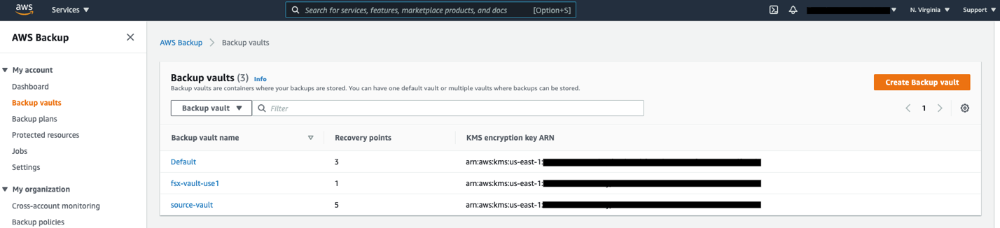 Once the backups are completed, select Backup vaults, and select the source backup vault - fsx-vault-use1.