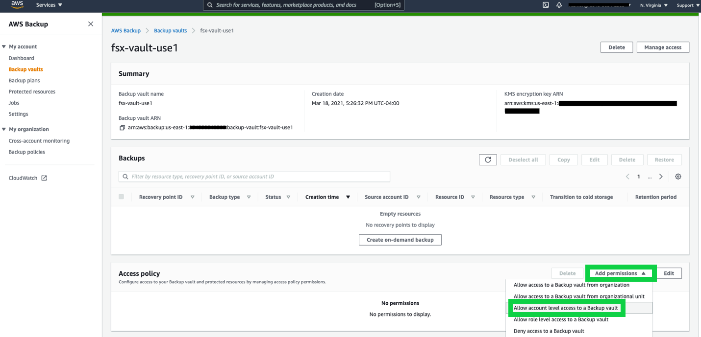 Once you have created a vault, select Add permissions in the Access Policy section and select Allow account level access to a Backup vault.