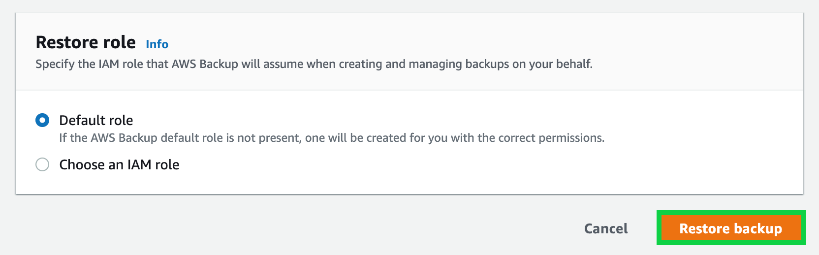 Restore role section - AWS Backup console