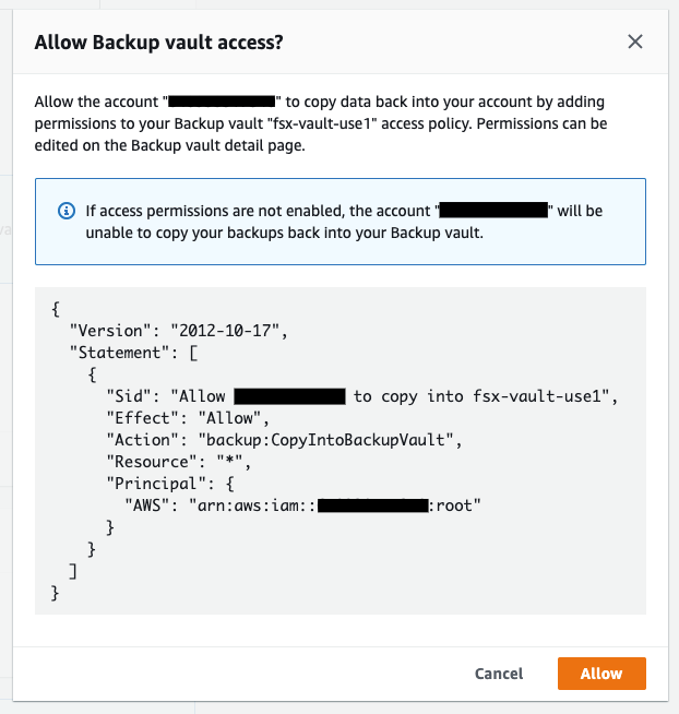 Select Allow, allowing for backup vault access in the destination account
