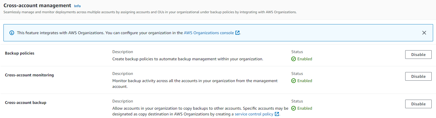 Source account settings under cross-account management - enable backup policies, cross-acct. monitoring, and cross-acct. backup