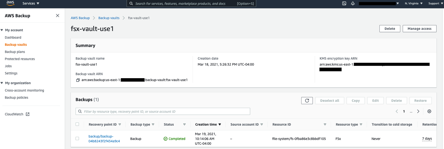 The recovery point will appear under the backups section.