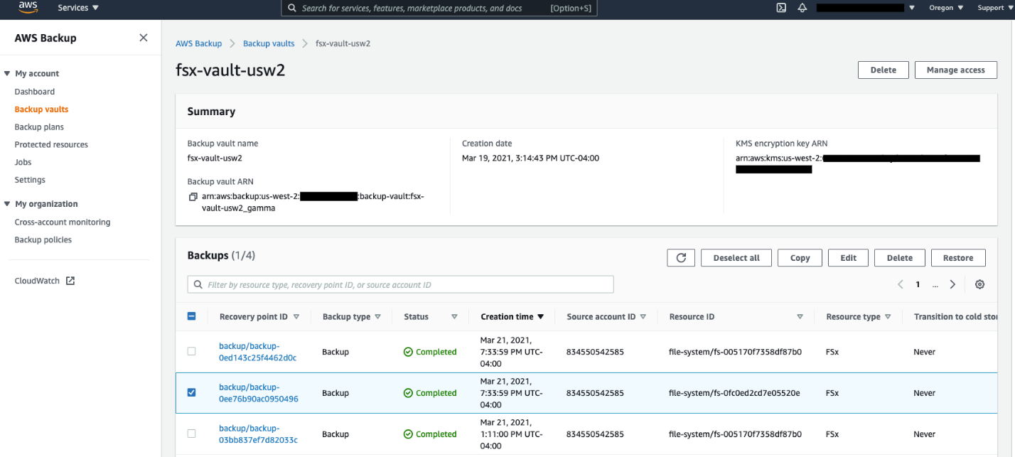 select Backup vaults, and select the destination vault – fs-vault-usw2 – created for cross-account backups.