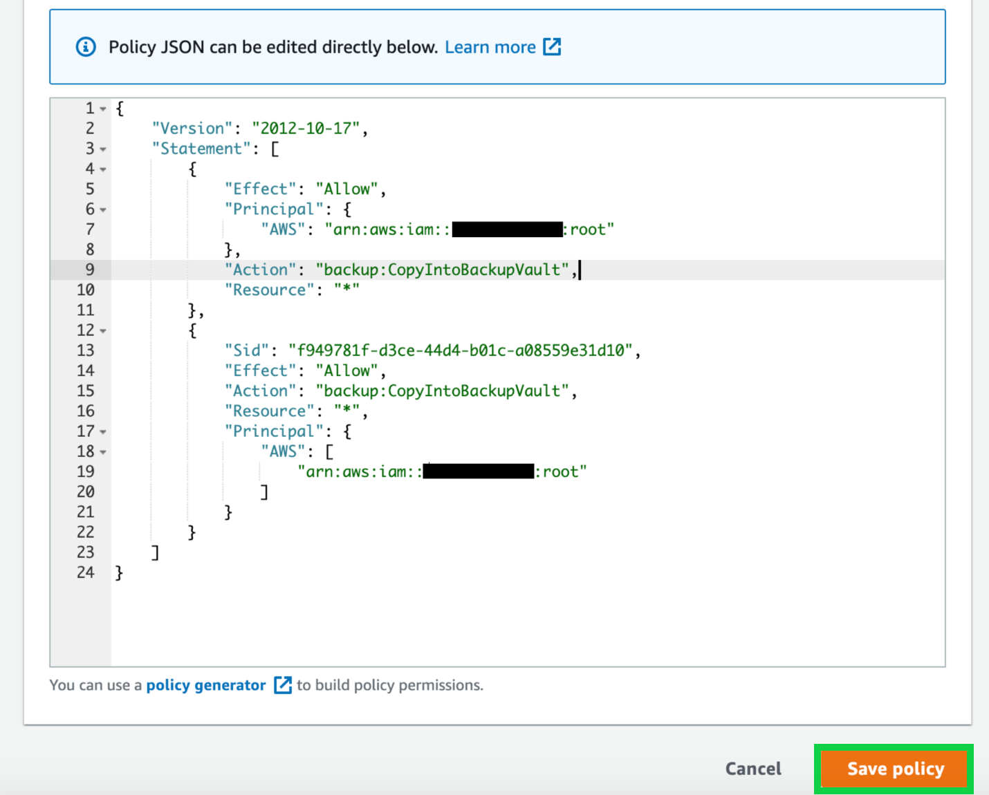 Add in the destination account number in the JSON policy statement.