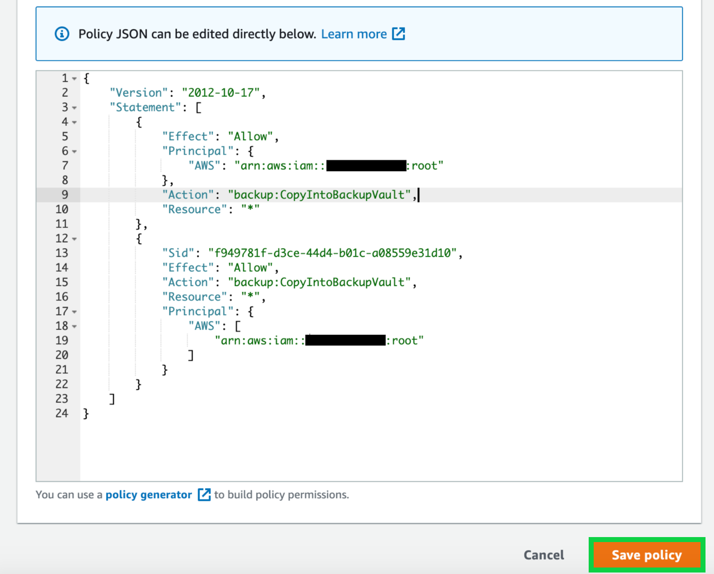 After selecting Allow account level access to a Backup vault, provide the source account number in the JSON statement. Select Save policy.