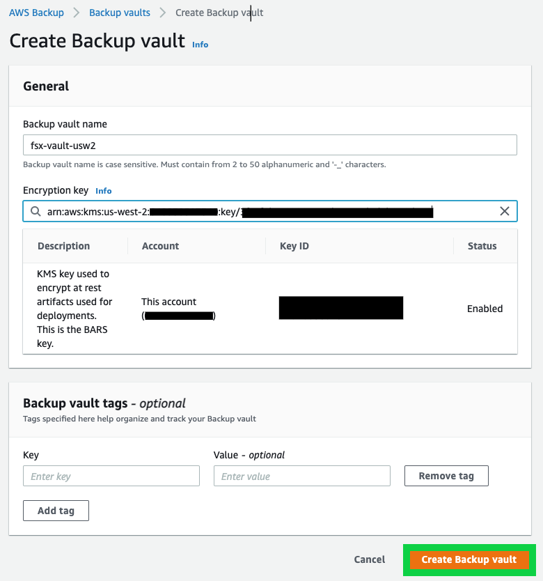 Creating a vault in the destination account - Region