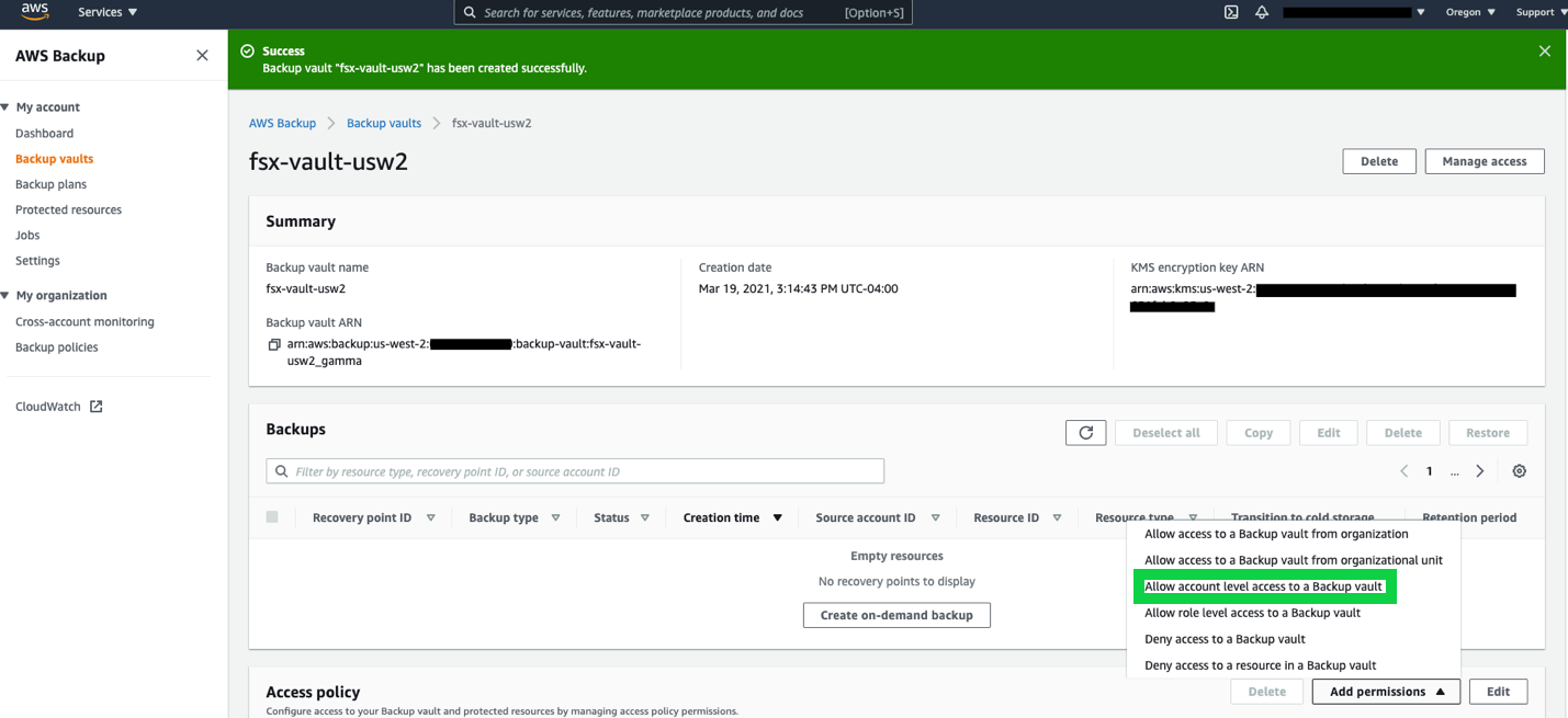 Selecting permissions for newly created backup vault - Allow account level access to a backup vault