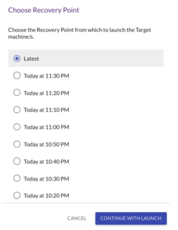 Choosing a recovery point in CloudEndure