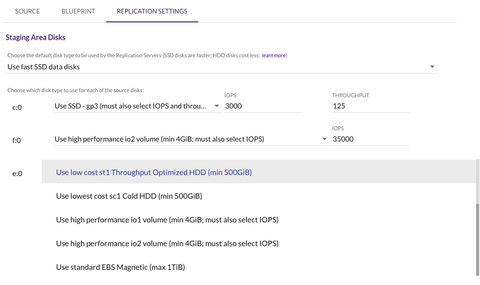 Machine Replication Settings – Staging Area Disks