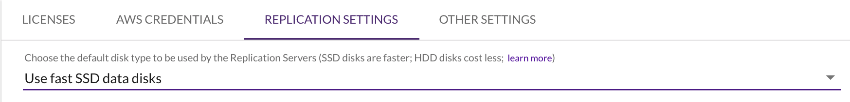Within the project replication settings, the console notes the default as Use fast SSD data disks.