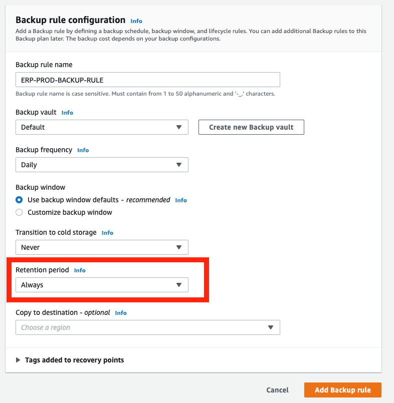 Amazon EBS storage for Amazon EC2 recovery points can grow quickly if the backup retention period is set to Always.