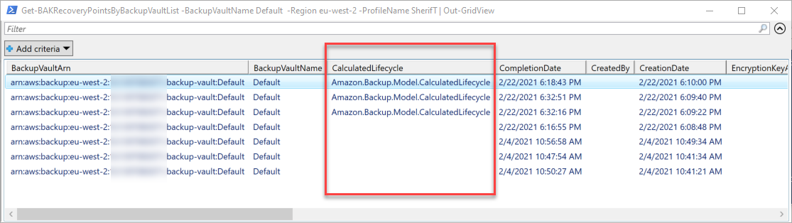 Output of a command that shows the number of days before a transition if a recovery point has a defined retention period.