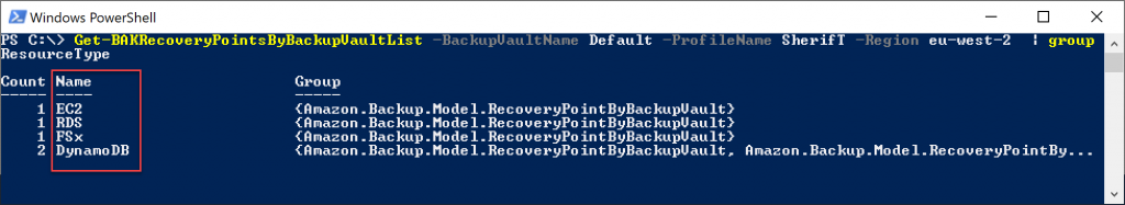 The Get-BAKBackupVaultList cmdlet has a parameter to list all recovery points based on the AWS resource type