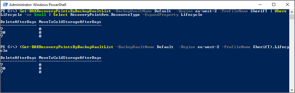 Without a defined recovery point, the lifecycle value is empyt (null)