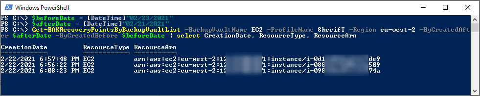 list only the recovery points created on February 22, 2021.