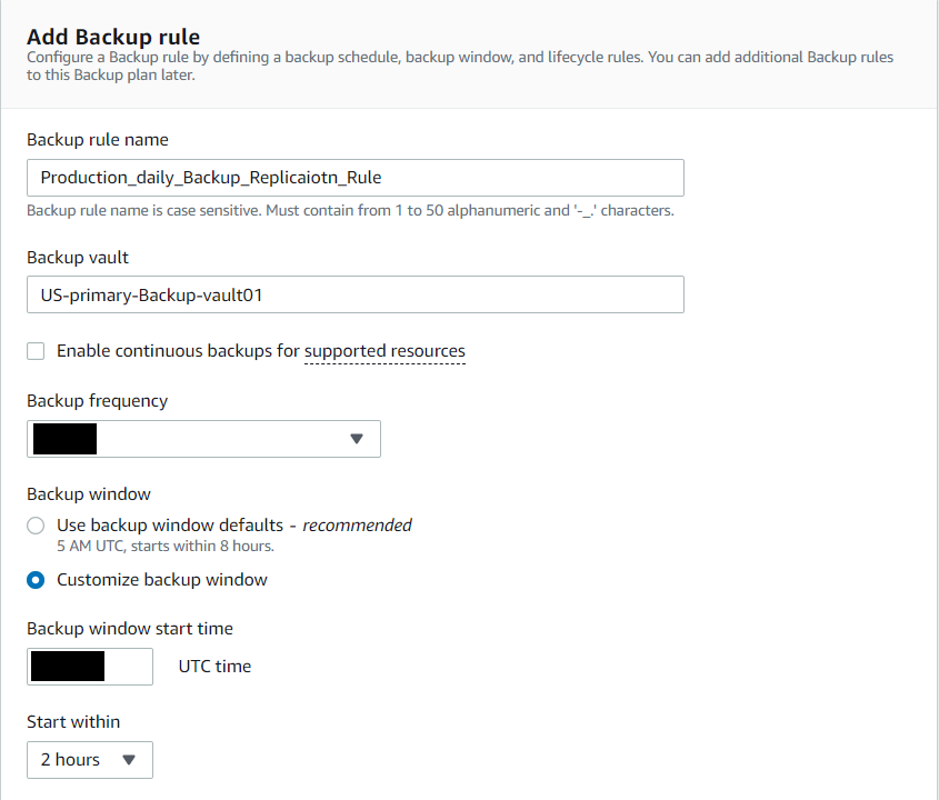 For our backup rule, we define the frequency, lifecycle, and copy (and) replication configuration of backups.