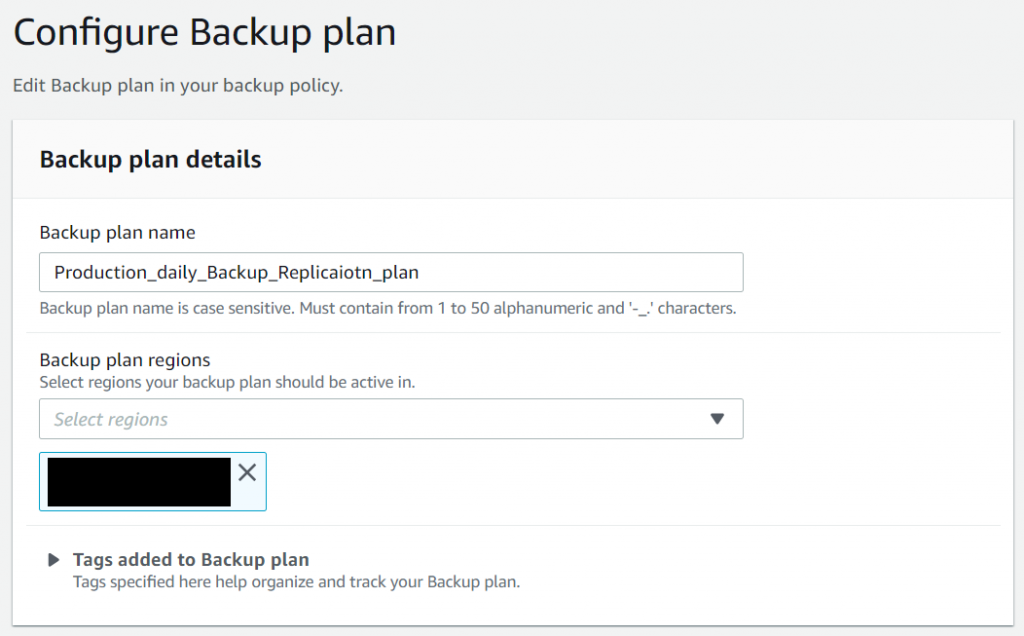 ZS Associates - The Backup plan details consist of the backup plan name and the Region to deploy the backups.