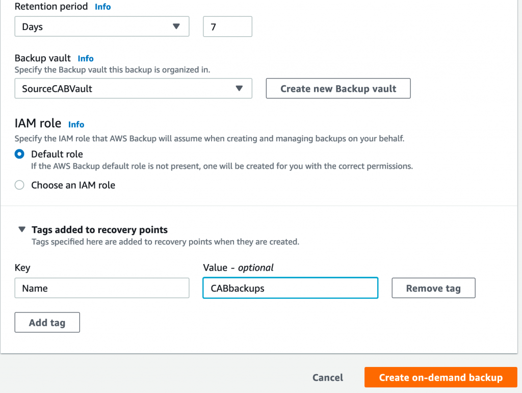 Completing on-demand backup creation - CRAB with encrypted resources and AWS Backup