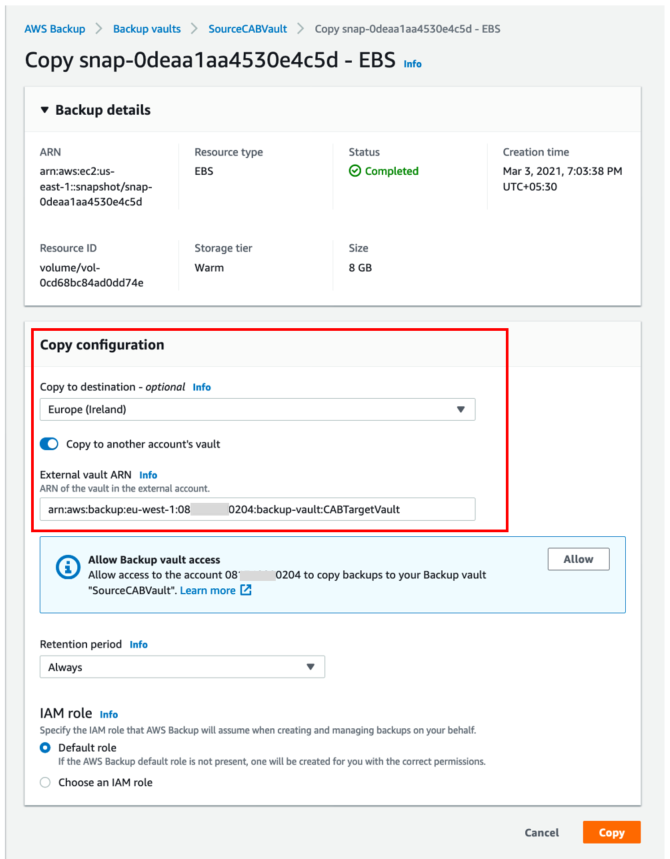 Copy configuration section - CRAB with encrypted resources and AWS Backup