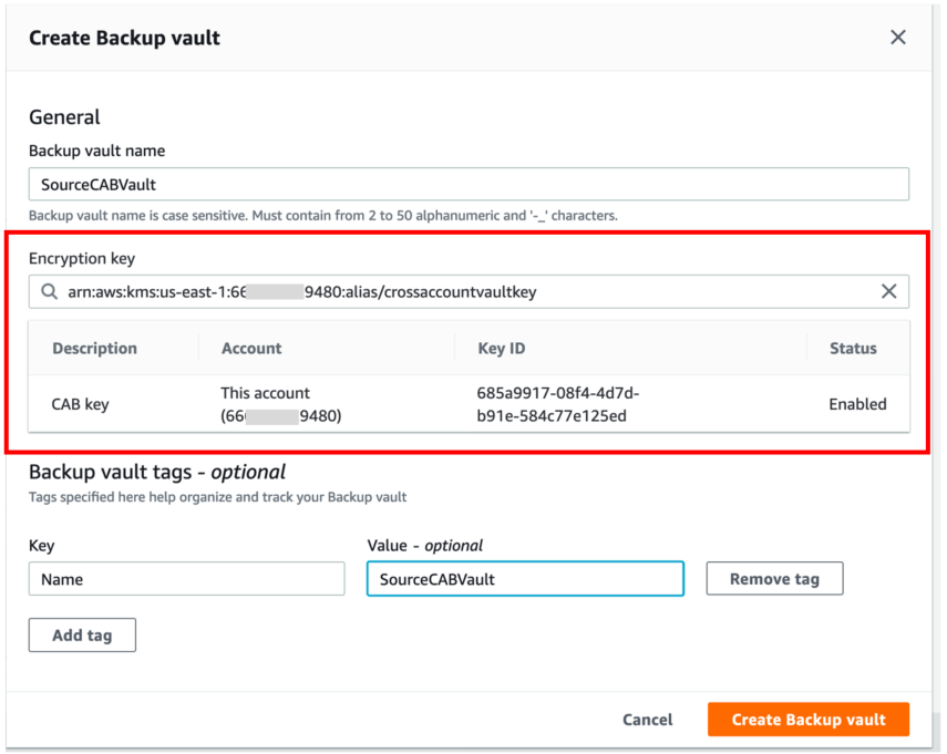 Create new backup vault to create a new source vault, which is encrypted using a different KMS key than the EBS volume