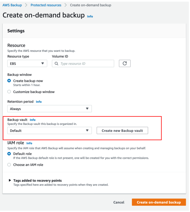 Create on-demand backup - CRAB w encrypted resources and AWS Backup - pick a backup vault