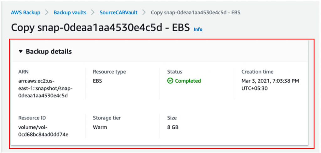 Expand Backup details to see information about the recovery point you are copying as in the following screenshot
