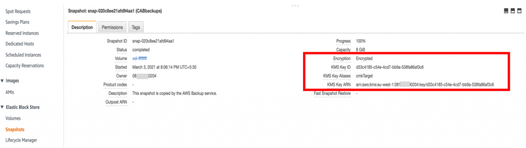 Verify the KMS key used for the recovery point