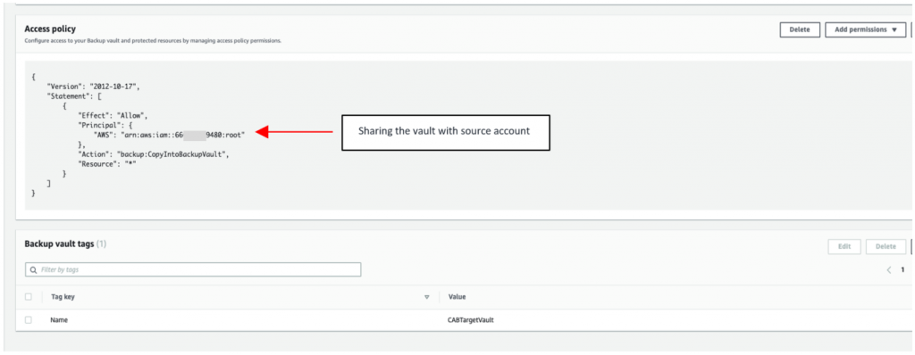 make sure that you set the vault policy to allow AWS Backup permissions to access the external (source) account